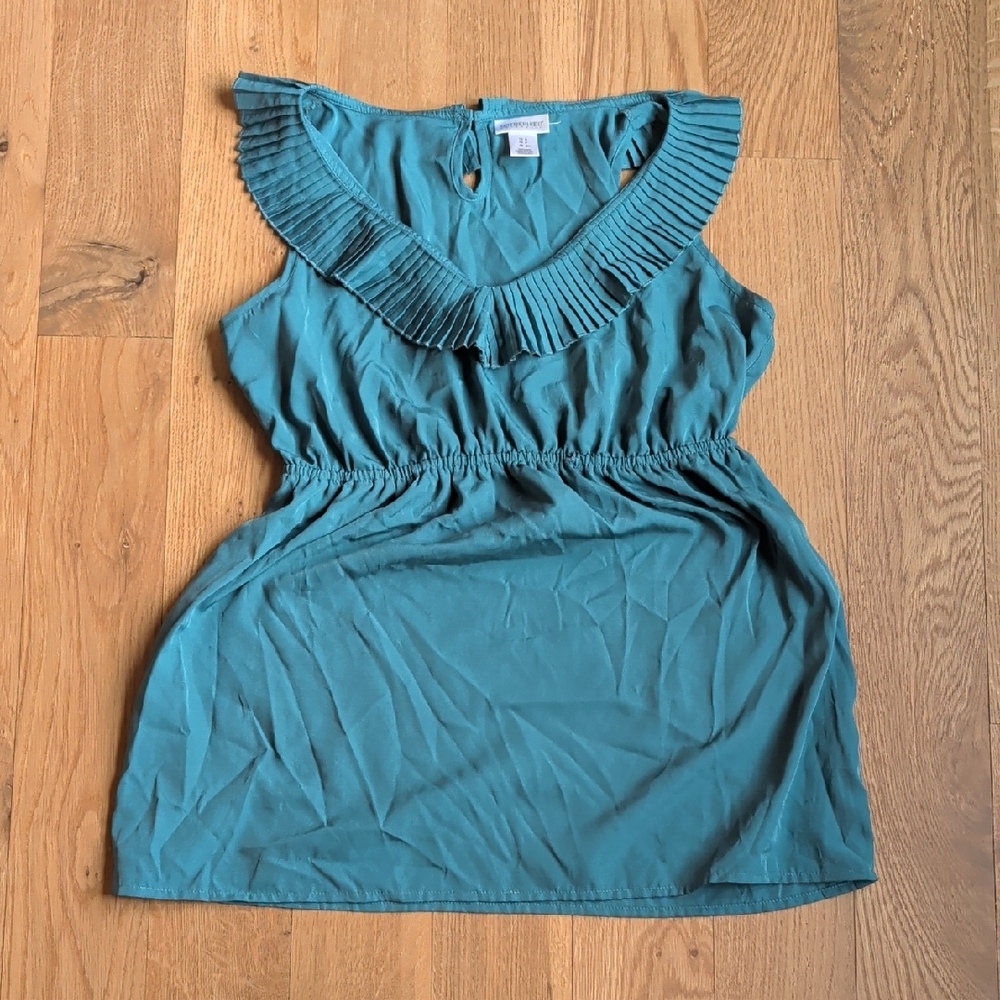 Pleated Ruffle Neck Teal Sleeveless Top